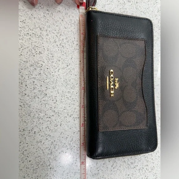 Coach Dark Brown Leather Monogram Gold Hardware Zippered Wallet - Picture 10 of 13